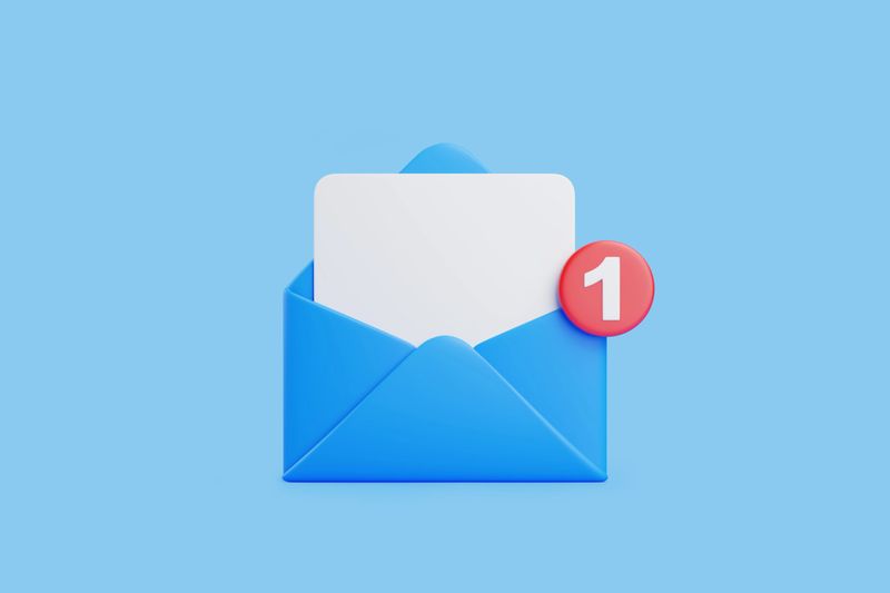 Open blue envelope with a white letter inside and a red notification badge indicating one new message. 3D render illustration