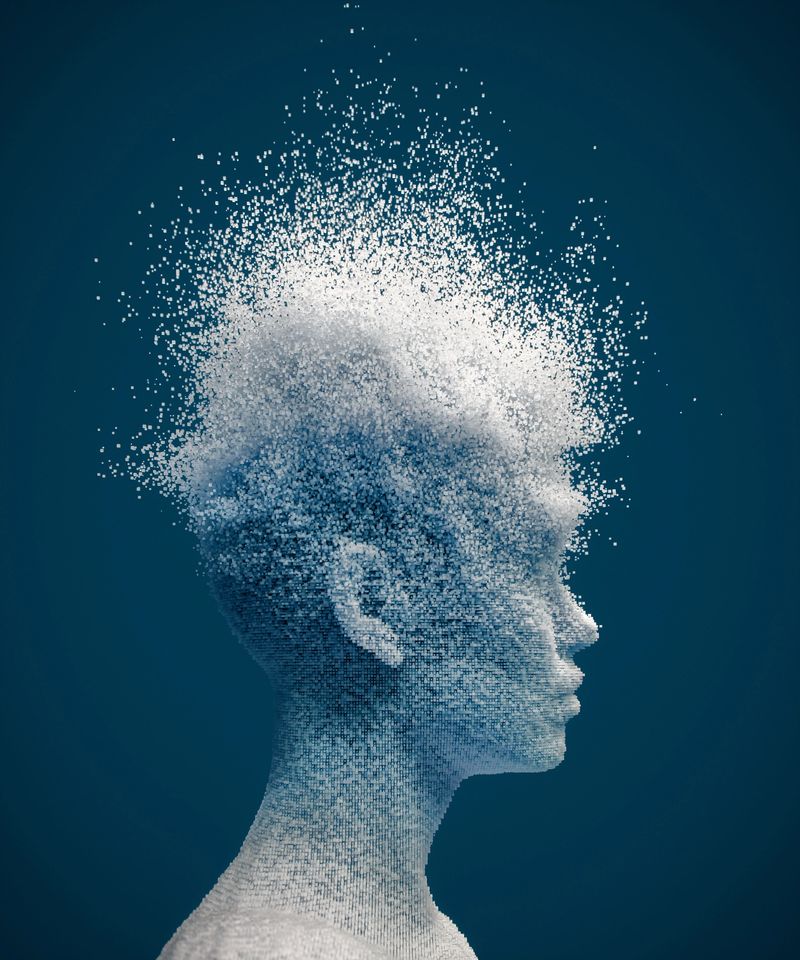 3D woman head dissolving into digital fragments, reflecting themes of artificial intelligence, machine learning, and digital transformation.