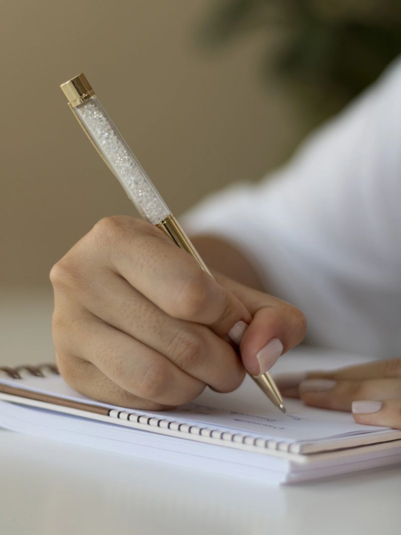 A close-up of a hand writing in a spiral notebook using a gold-accented pen filled with decorative crystals. The focus is on the hand and pen, while the soft background provides a minimalistic and clean aesthetic.