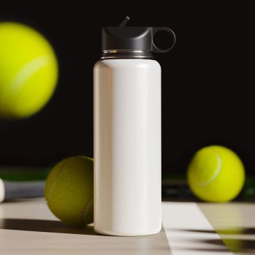 White water bottle with black lid and tennis balls.