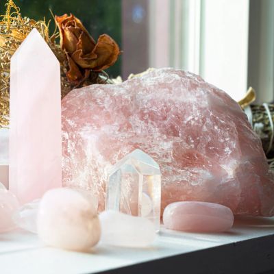 Collection of rose quartz crystals on a white surface.