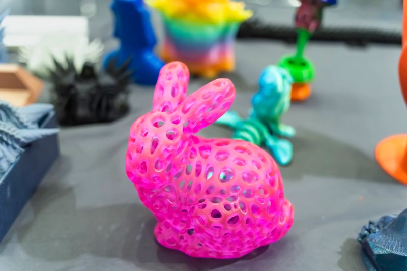 rabbit closeup object printed 3d printer close-up. Progressive modern additive technology 4.0 industrial revolution