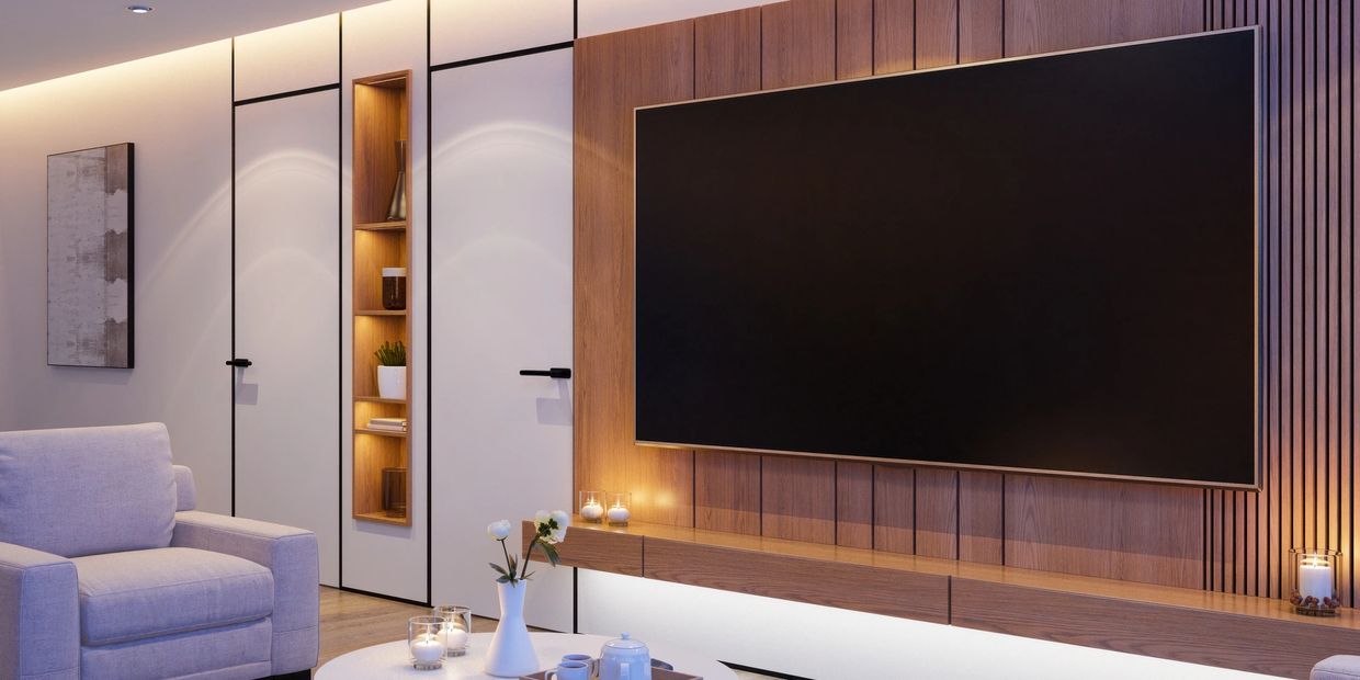 Modern living room with home theater installation