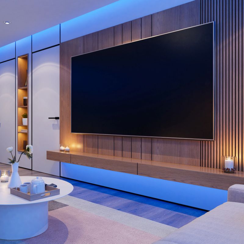 This captivating night scene showcases a modern living room bathed in the soft, cool light of the blue hour. The room features sleek wood paneling on the walls, adding warmth and texture against the twilight backdrop. A large wall-mounted TV is the focal point of the space, seamlessly integrated into the design for a minimalist, contemporary feel. The ambient lighting subtly illuminates the room, highlighting the rich wood accents and creating a cozy, inviting atmosphere. The evening sky visible through the windows enhances the serene mood, making this space perfect for both relaxation and entertainment.This image is perfect for use in real estate marketing, interior design portfolios, and modern living room furniture promotions. It’s also ideal for showcasing home technology, evening ambiance, and the use of wood paneling in contemporary interiors.