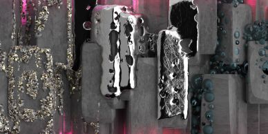 Abstract metallic and stone structures with water droplets and pink lighting.