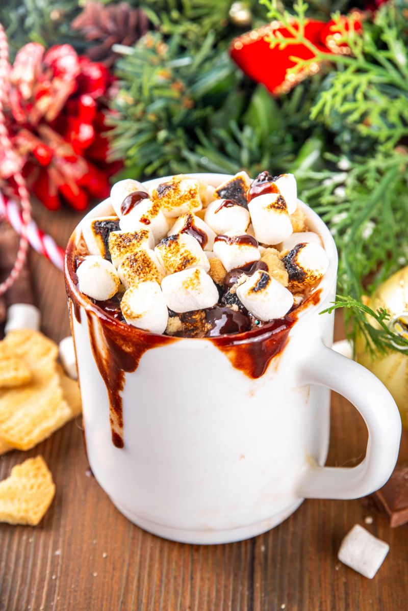 Mug with S`mores hot chocolate or coffee,  thick smores hot cocoa or latte drink with toasted marshmallow, graham cracker and chocolate topping