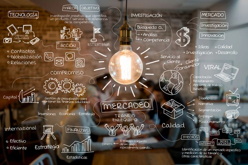 Great marketing ideas written around a light bulb in Spanish at a creative office