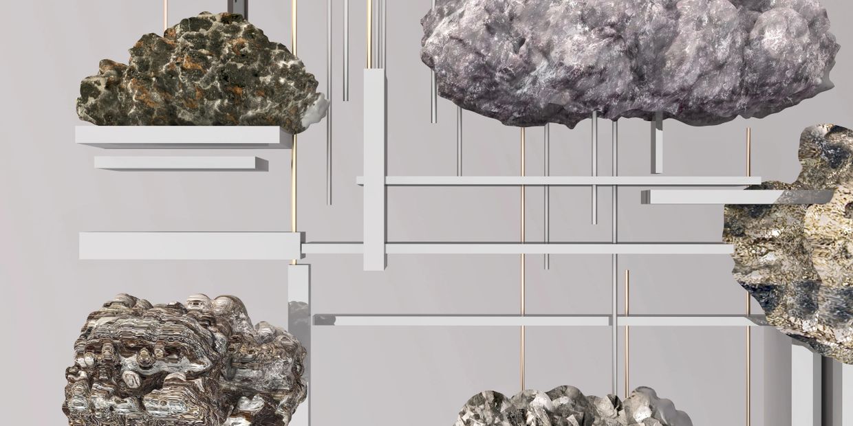 Abstract floating rock formations with metallic structures on a pale background.