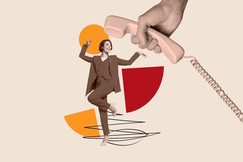 Retro abstract creative artwork template collage of funky smiling lady working client support center isolated beige color background.