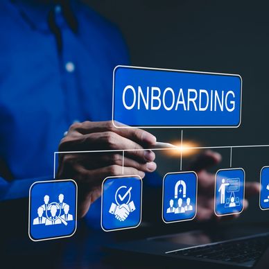 Digital onboarding process with interactive icons and a person using a stylus.