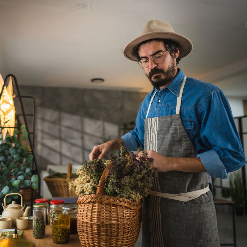 Side view of adult man herbalist in a hat and apron arranges dried herbs into a large basket in a warmly lit and cozy room filled with plants and jars, evoking a rustic charm