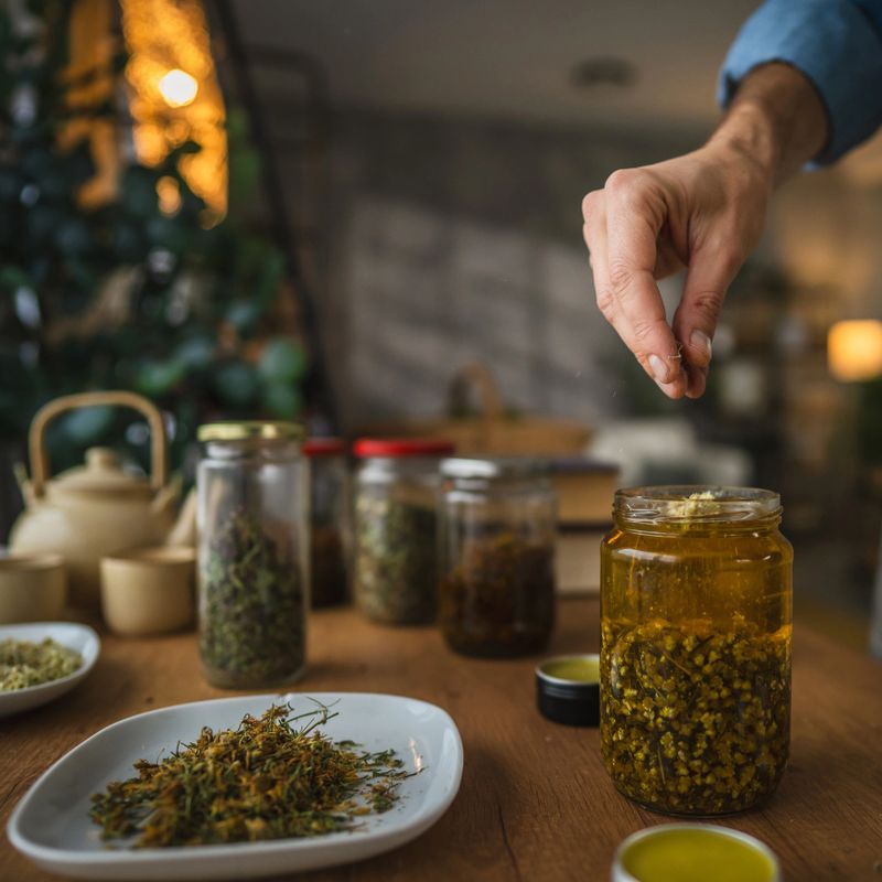 close up of adult man herbalist hold jar with herbs an mix with oil in workshop