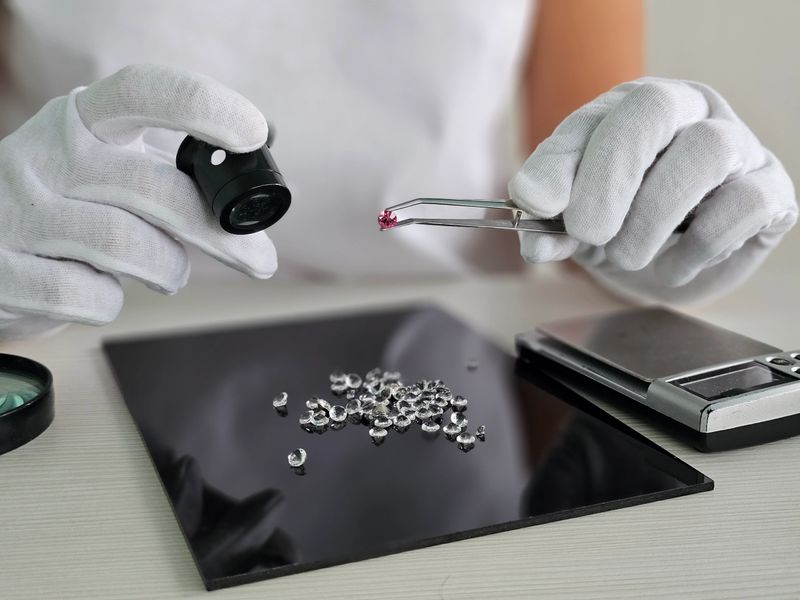 A skilled gemologist inspects sparkling gemstones using tweezers and a loupe while wearing protective gloves