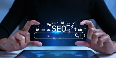 Hands framing a digital SEO search bar with icons.