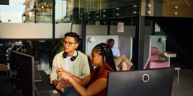 Two colleagues discuss work at desktop computers in a modern office.