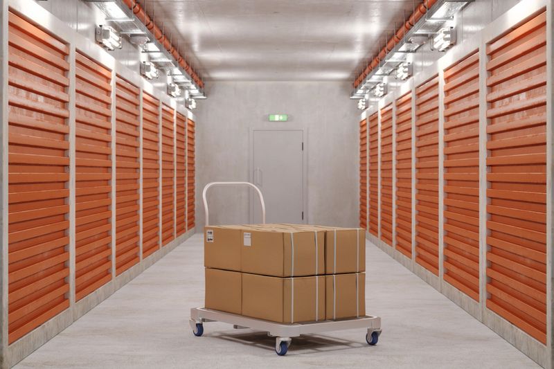 Self Storage Units And Close-up Of Hand Truck With Cardboard Boxes In Corridor