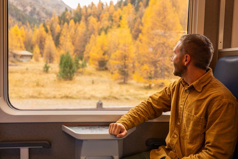 A traveler in a mustard shirt gazes out of a train window, enjoying a picturesque view of golden autumn trees and mountains. A moment of serene exploration.