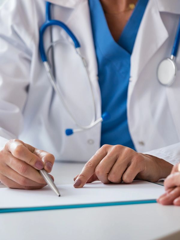 Doctor explaining medical information with a pen and hand gestures.