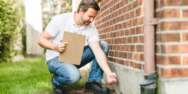Man inspecting foundation near brick house with clipboard.