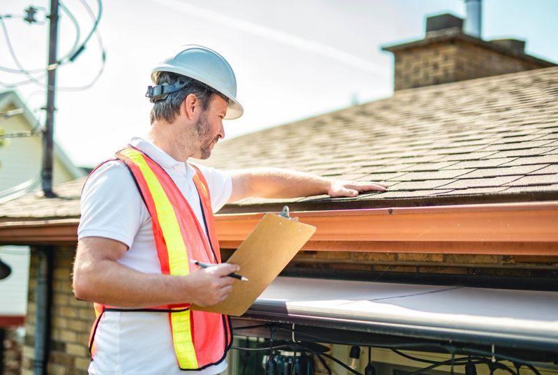 A man with hard hat standing on steps inspecting house roof
