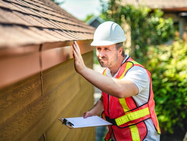 Construction worker inspecting house exterior with clipboard.