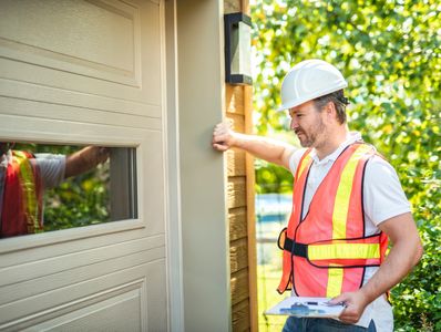 Construction worker inspecting a garage door frame outdoors. garage door maintenance Rochester NY