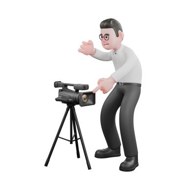 3D man filming with a video camera on a tripod.