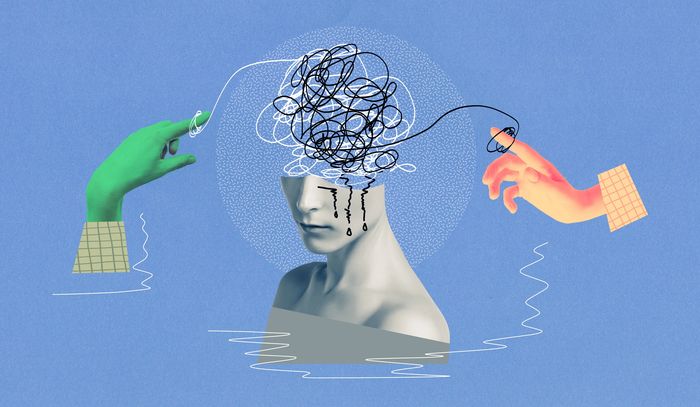 Abstract art depicting mental confusion and emotional struggle with two hands interacting with a tangled mind.