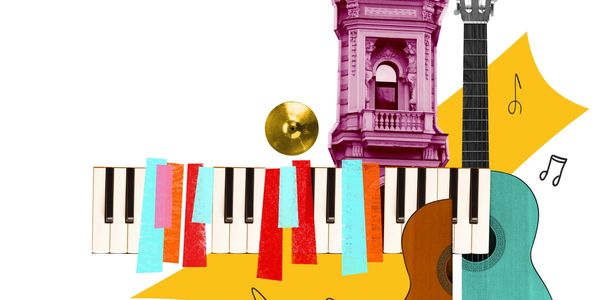 Abstract collage combining piano keys, guitar, architectural tower, and colorful shapes.