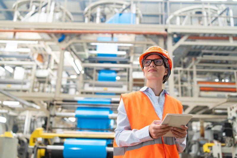 A female engineer wearing a bright orange vest and hard hat uses her tablet to oversee operations, embodying modern industrial oversight and safety protocols.