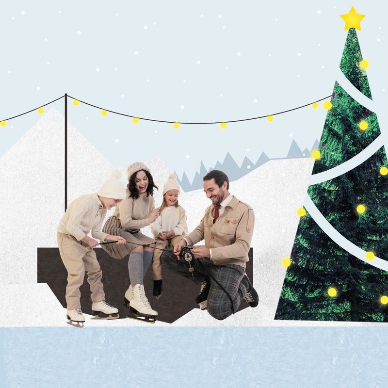 Cozy family moment near decorated Christmas tree in winter landscape with glowing lights and snowy mountains. Holiday warmth. Contemporary art collage. Concept of winter holidays, fun and joy