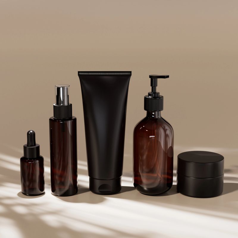 Skincare routine cosmetic background. 3d rendering bottle, tube, cream jar with face serum, essence, cleanser, mask, sunscreen and moisturizer beauty products