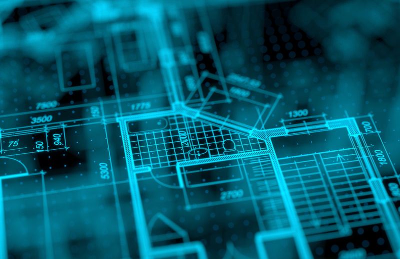 Architecture blueprint on digital lcd display with reflection. Abstract technology background. 3D rendering.