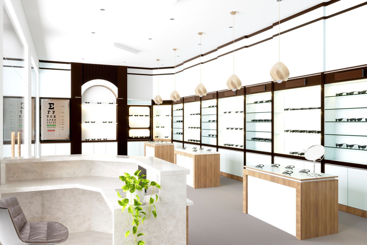 Bright, modern eyewear store with white walls and wooden displays.