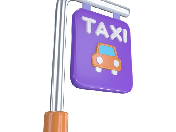 3D taxi sign with a purple background and orange base.