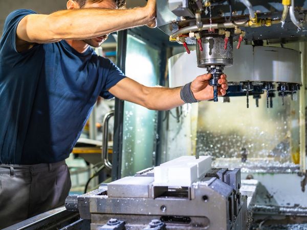 A man operating a CNC milling machine in a workshop.
