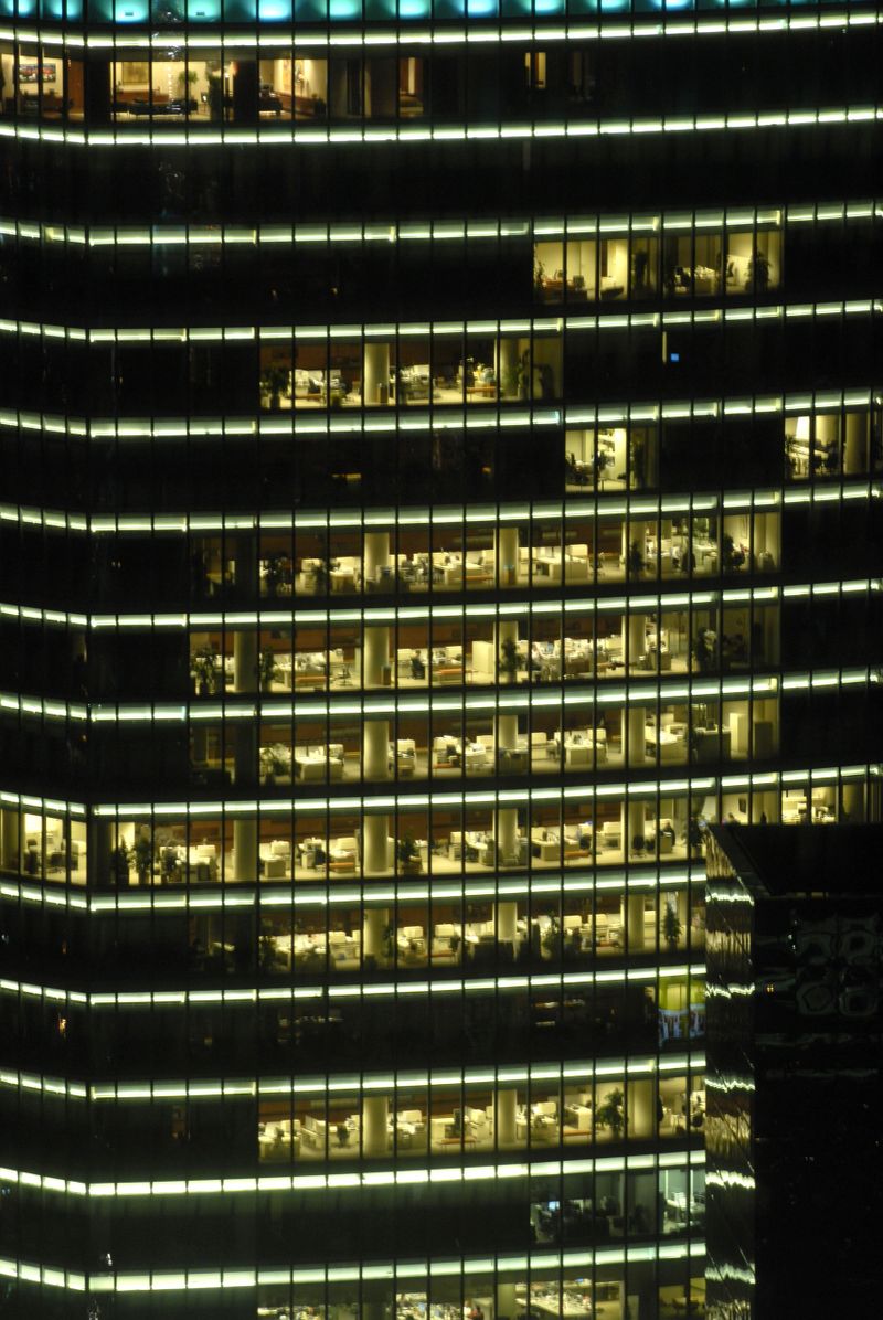 Modern Office Building Facade, People Working at Night, Istanbul