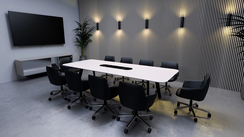 spacious conference room is equipped with a long white table surrounded by ergonomic black chairs. Wall-mounted lights create a bright atmosphere, enhancing productivity during meetings. 3d render