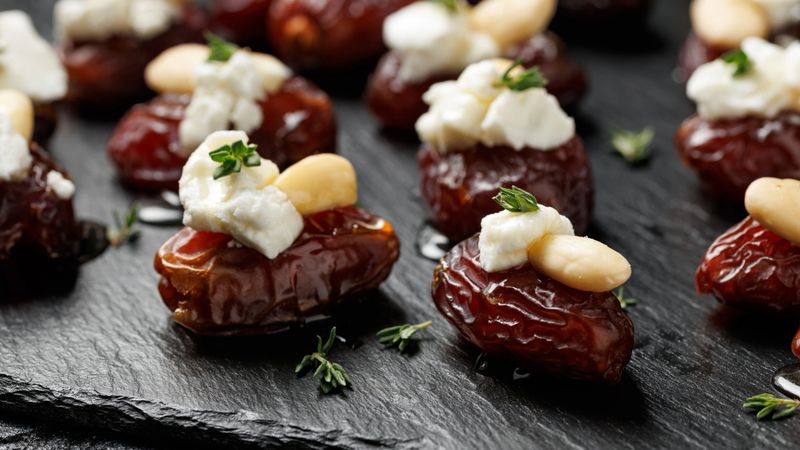 Stuffed Medjool dates with goat cheese, almonds and honey.