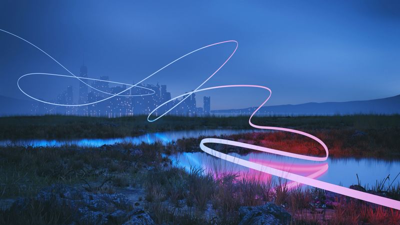 A mysterious glowing line flowing across the landscape, cityscape in the background