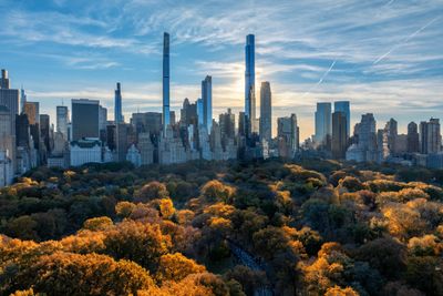 Aerial view of Central Park with city skyline at sunset.