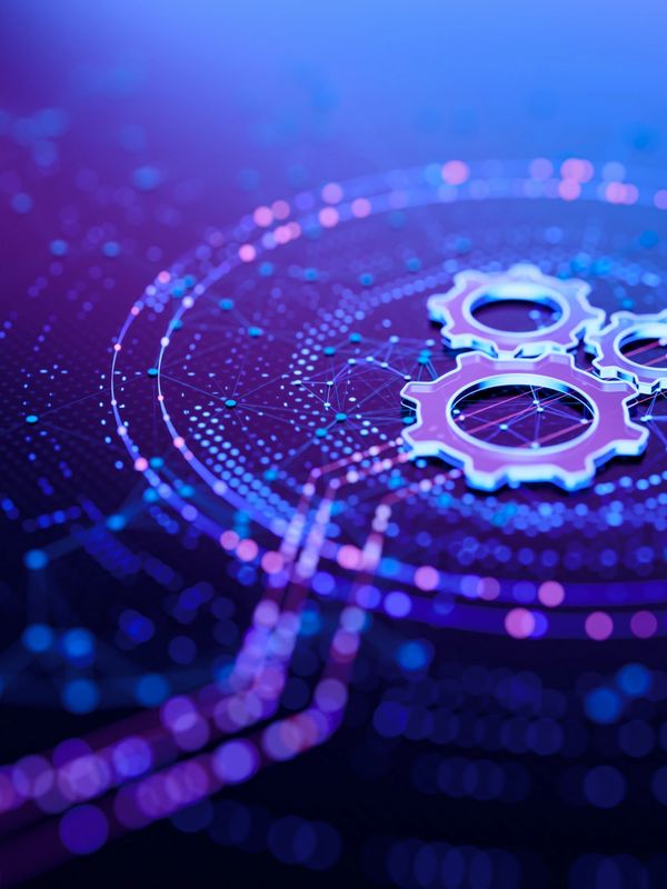 Digital gears interconnected with glowing network lines on a futuristic interface.