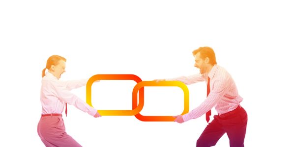 Two professionals holding interlocking chain links symbolizing connection.