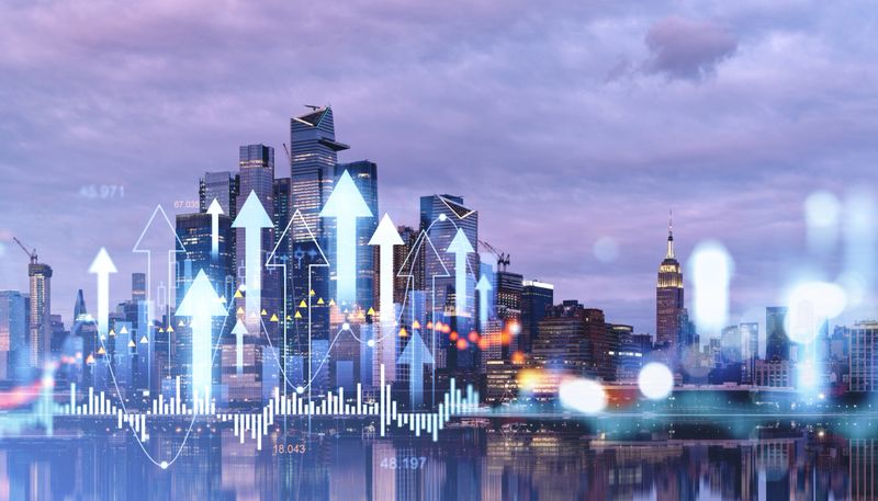 Cityscape with modern skyscrapers and upward arrows representing financial growth and stock market success. Purple sky background. Concept of business and financial prosperity