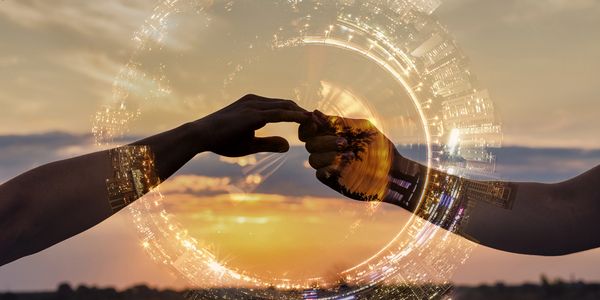 Two hands touching with a circular cityscape and sunset overlay.