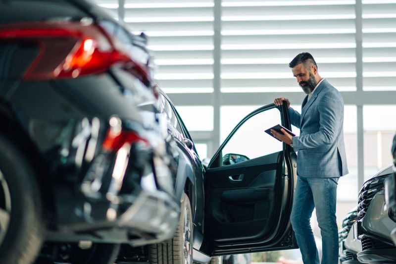 A man checks the features of a car in a dealership using a digital tablet, indicating his careful consideration and methodical approach before purchasing the vehicle.