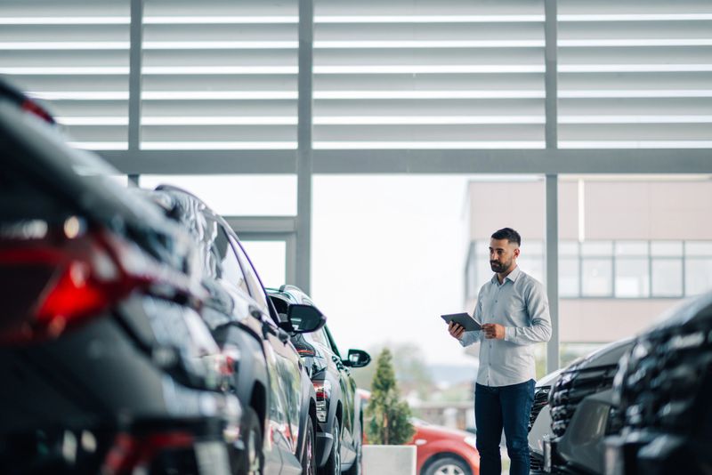 A man wearing a grey shirt holds a tablet while assessing multiple cars in a dealership, conveying an image of modern technology integration in car choice activities.