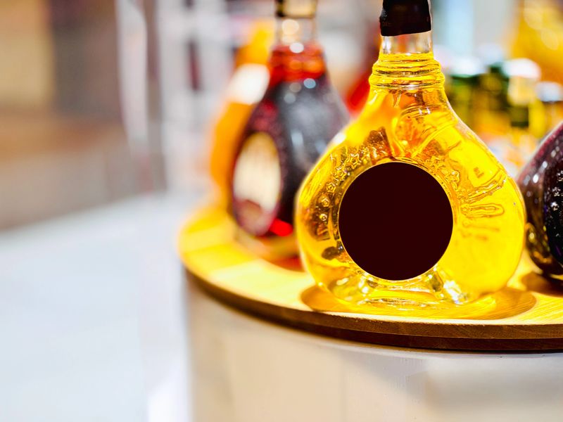 A set of unique golden bottles showcased on a circular stand in a store.