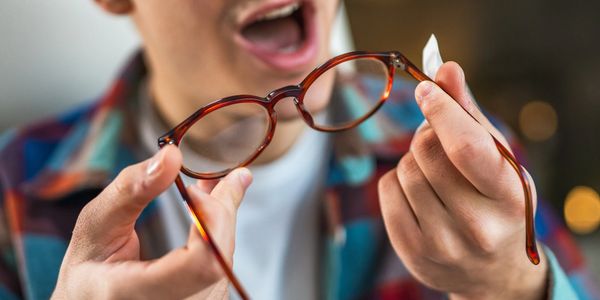 Person cleaning glasses with a cloth, smiling and focused.