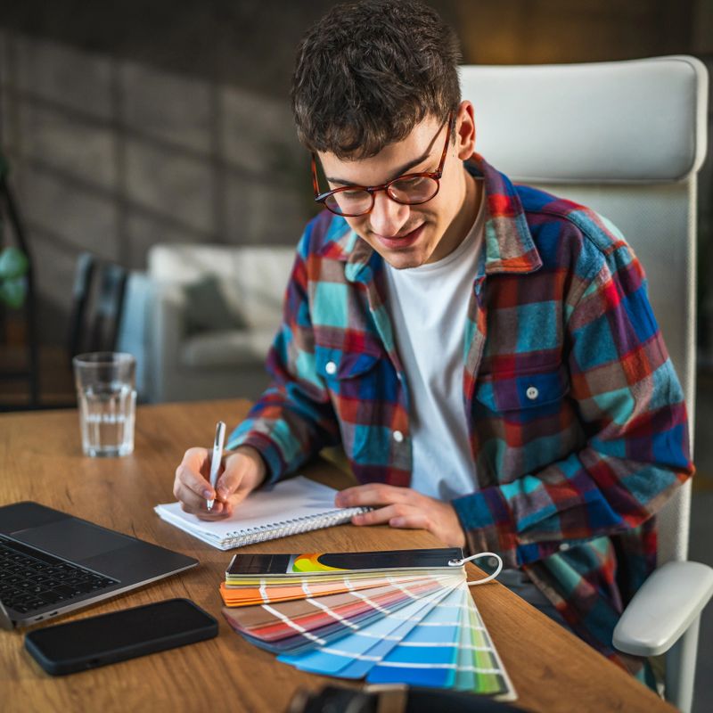 adult man designer architect watch color palette and write notes in notebook